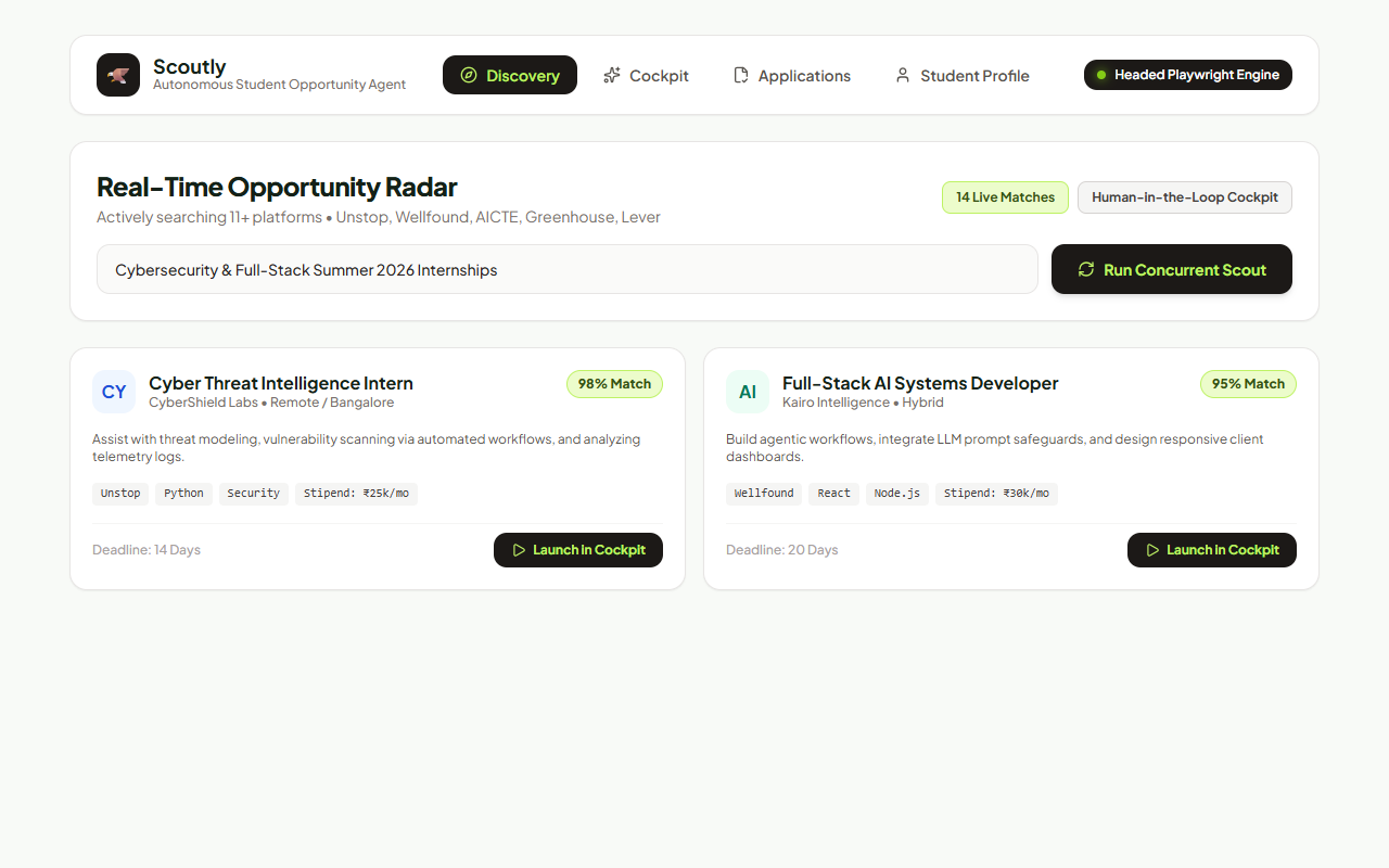 Scoutly internship discovery dashboard